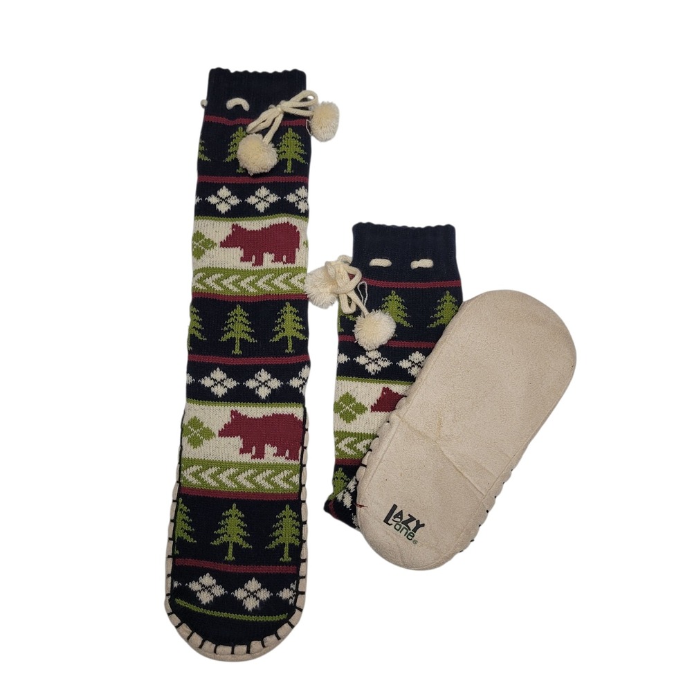 Lazy One Bear Tree Cabin Knit Slipper Socks Pom Pom Cozy House Shoes Large